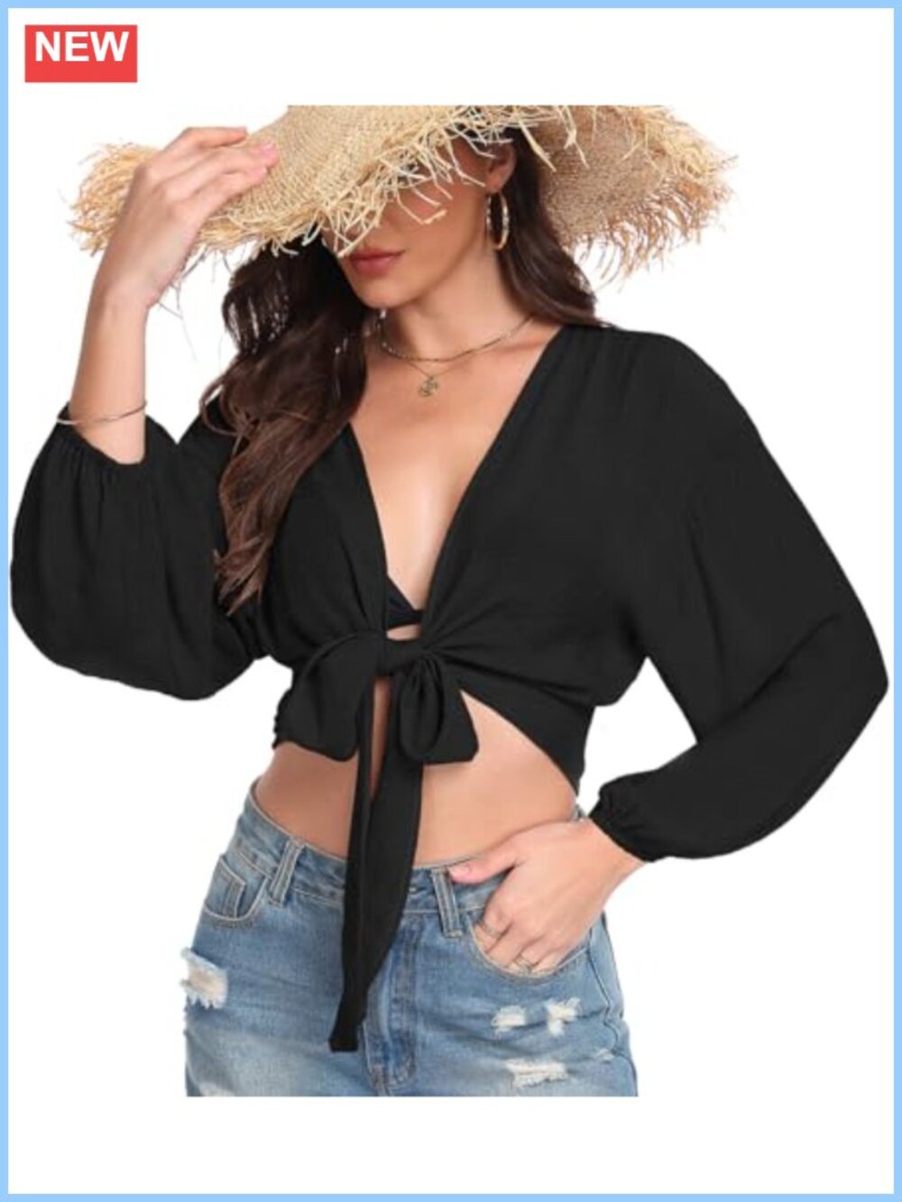 Women's Cotton Tie Front Cropped Cardigan Beach Cover Up Long Sleeve